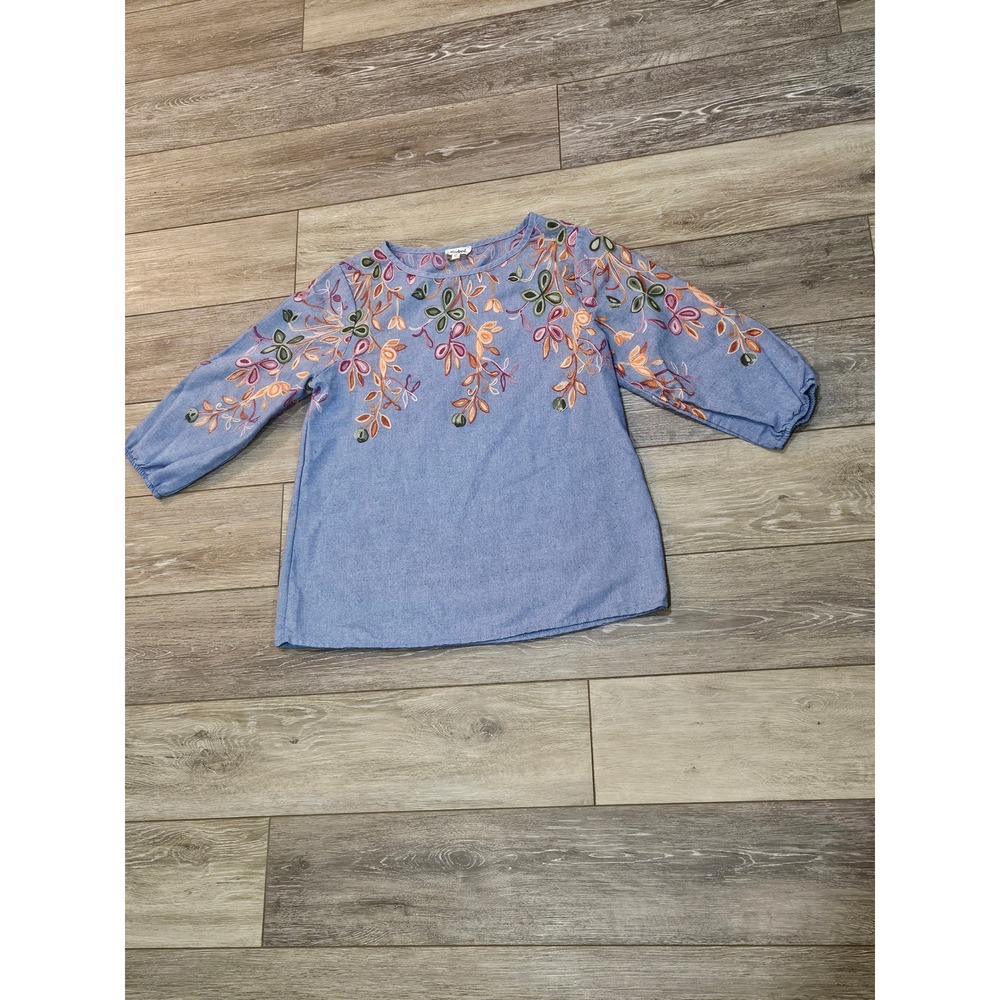 Kindred Petite Embroidered Chambray Blouse Blue Floral 3/4 Sleeve Top PM